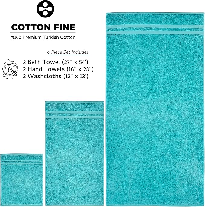 Premium 6 Piece Towel Set, 2 Bath Towel, 2 Hand Towels, 2 Washcloths, 100% Turkish Cotton Soft Absorbent Towels (Turquoise, 6 Piece Towel Set)