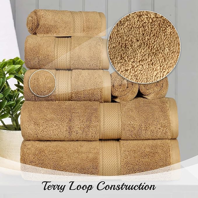 Superior Egyptian Cotton Pile 9 Piece Towel Set, Includes 3 Bath, 3 Hand, 3 Face Towels/Washcloths, Ultra Soft Luxury Towels, Thick Plush Essentials, Guest Bath, Spa, Hotel Bathroom, Toast