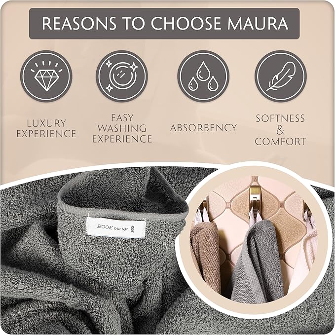 MAURA Basics Performance Bath Towels 100% Turkish Cotton with Hook Loops. Extra Large Luxury Absorbent Plush Towel Sets for Bathroom, Daily Use American Standard Size 27”x54”, Space Gray