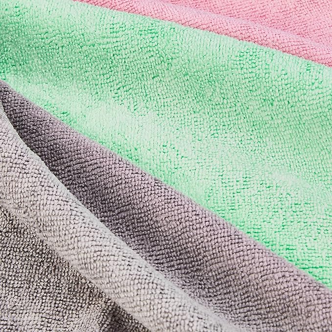 Amazon Basics Microfiber Cleaning Cloths, Ultra Soft and Absorbent, Free from Streaks/Lint/Scratch for Cars, 16" x 12", Green/Gray/Pink, 24-Pack