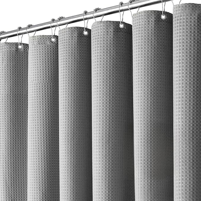 Inhousolu Fabric Shower Curtain Waffle Weave, 230 GSM Heavy Duty, Weighted Hem, 14 Metal Hooks, Water Repellent, Machine Washable, Hotel Spa Luxury Bath Curtain Set, 72 x 96 Inch, Grey