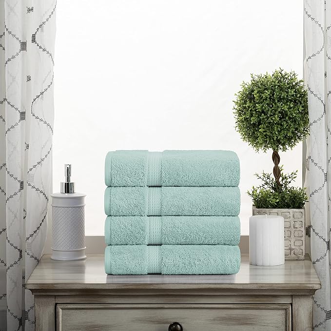 Superior Egyptian Cotton Pile Hand Towel Set of 4, Ultra Soft Luxury Towels, Thick Plush Essentials, Absorbent Heavyweight, Guest Bath, Hotel, Spa, Home Bathroom, Shower Basics, Sea Foam