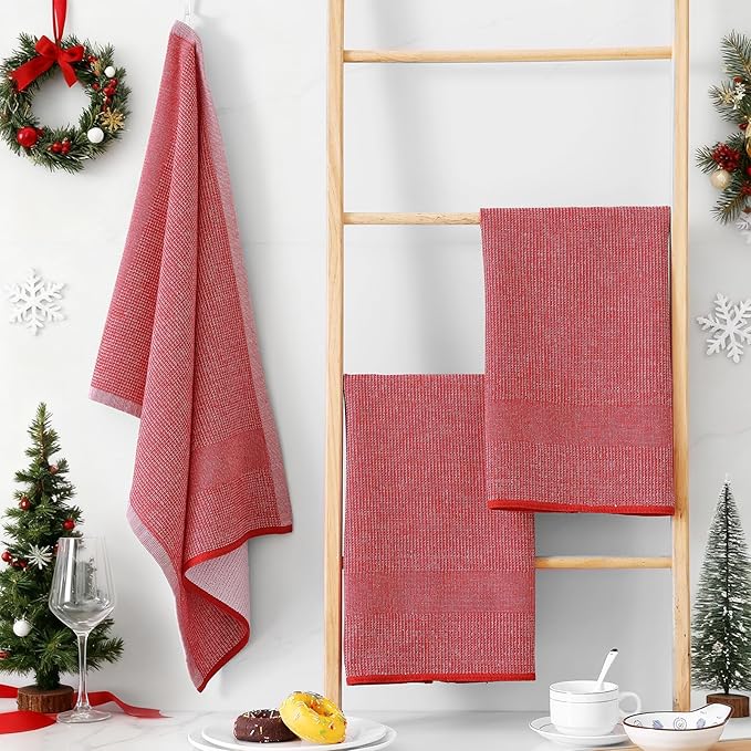 Homaxy Premium Kitchen Towels(18”x 28”, 12 Pack), Large Cotton Kitchen Hand Towels, Flat and Terry Dish Towels, 380 GSM Highly Absorbent Tea Towel Set with Hanging Loop, Red