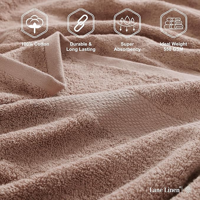 LANE LINEN 100% Mercerized Cotton Bathroom Towel Set - 16 Pieces - Fluffy, Super Soft & Highly Absorbent - 4 Bath Towels, 8 Washcloths, 4 Hand Towels - Ring Spun, Double Sided Cotton Terry - Taupe