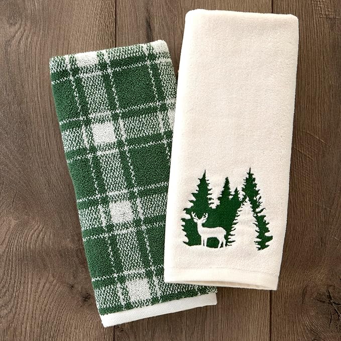 SKL Home Buffalo Plaid 100% Cotton Jacquard 2pc Hand Towel Set, Reversible, Soft & Absorbent, Fall/Christmas/Winter/Everyday, Decorative for Bath/Kitchen/Bar & Gift, Spruce