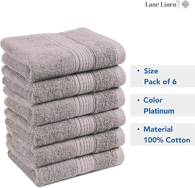 LANE LINEN Hand Towel Set of 6 PC (16"x28") - Turkish Cotton Hand Towel Set - Reinforced Edges, Quick Dry, Soft & Highly Absorbent - Oeko TEX Certified - Mininmal Linting After 3 Washes - Platinum
