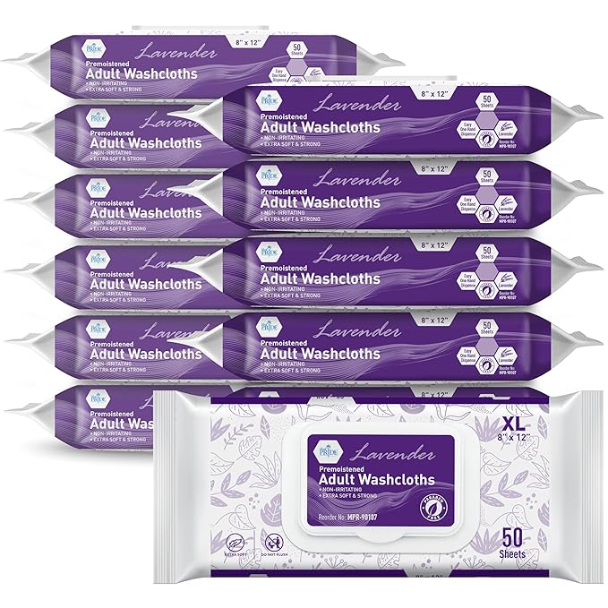 MED PRIDE Premoistened Disposable Washcloths for Adults 8 X 12 in | Ultra-Soft, Paraben-Free, Rinse Free | Lavender Scent | Pack of 600