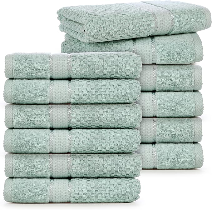 Ample Decor 100% Cotton Hand Towel for Kitchen Set of 12 Mint Green, Premium Quality for Bathroom, Hotel, Spa, Gym, Kitchen - 18 X 28 Inch - Mulaayam Collection
