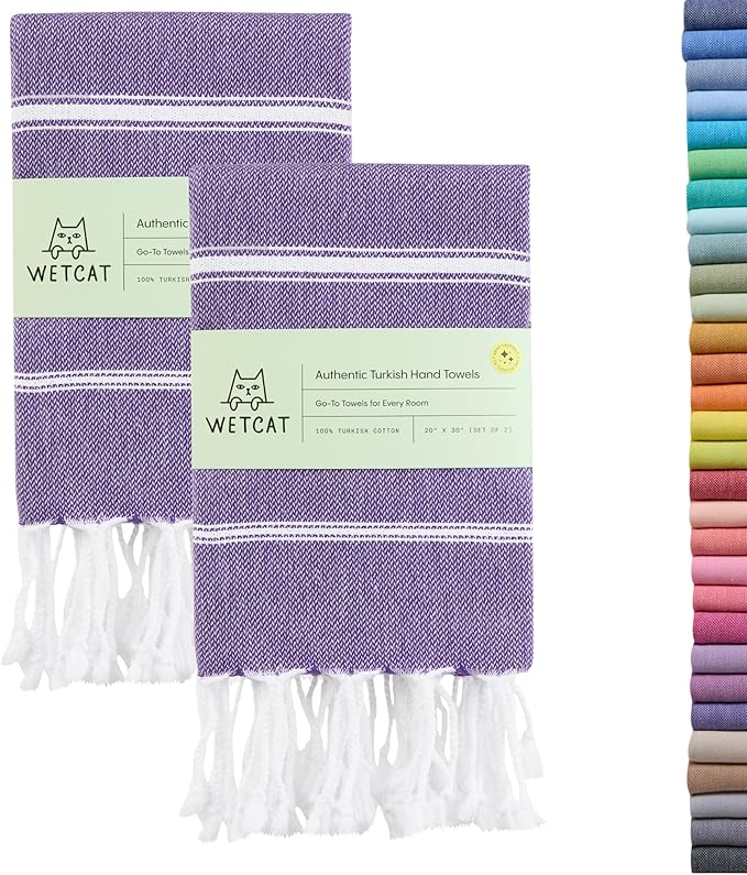 WETCAT Turkish Hand Towels with Hanging Loop, Set of 2 (20" x 30") 100% Turkish Cotton, Pre-Washed, Quick Drying, for Kitchen or Bathroom - Dark Purple
