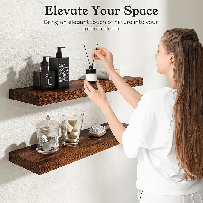Floating Shelves for Wall, 9.3" Deep Wall Mounted Wood Shelves for Bathroom, Bedroom, Living Room, Kitchen, Hanging Shelf for Books/Storage/Room Decor (Brown, 55")