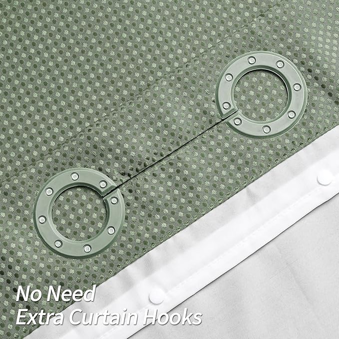 MitoVilla No Hooks Needed Small Stall Shower Curtain Liner Set 36 x 74, Sage Green Waffle Half Size Narrow Waffle Weave Fabric Shower Curtain Set with Snap-in Liner for Modern Spa-Like Bathroom Decor