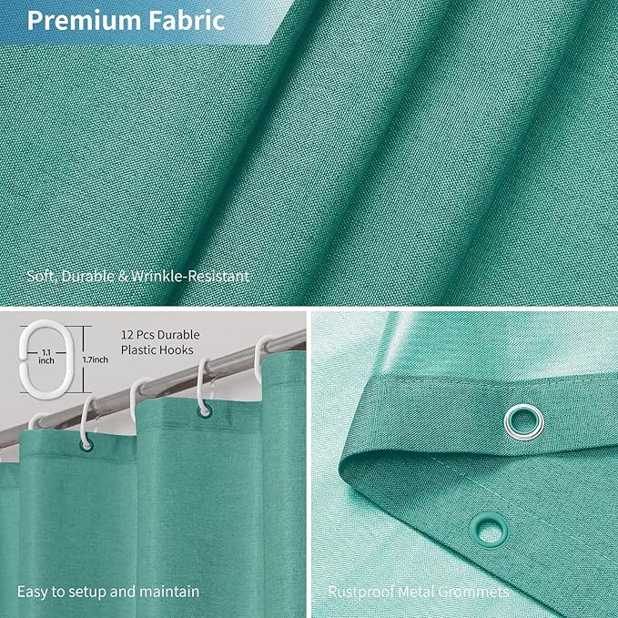 2-in-1 Waterproof Fabric Shower Curtain or Liner,Linen Textured,Breathable TPU & Washable Bathroom Shower Curtain Set with 12 Plastic Hooks,Modern,72"x72" Teal