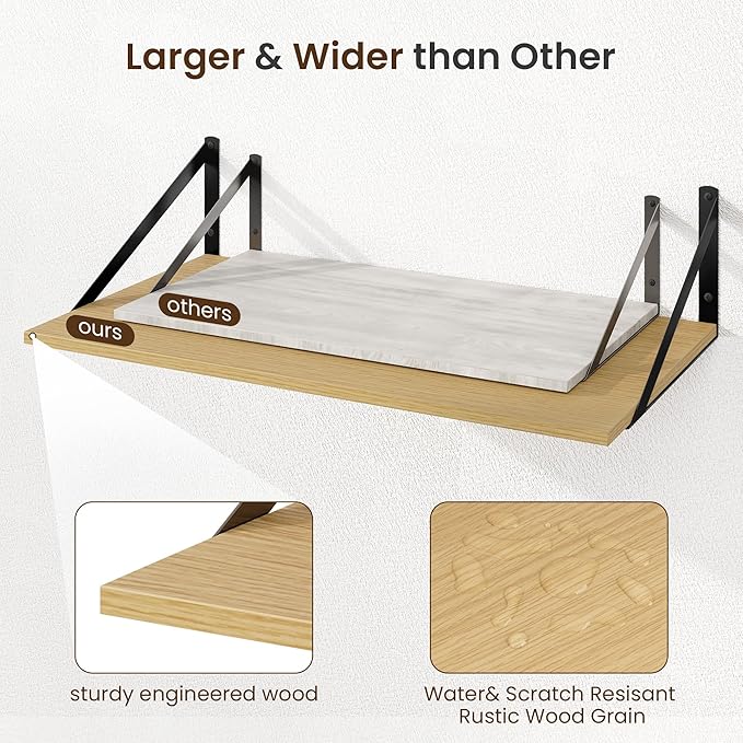 Fun Memories Floating Shelves for Wall, 12 Inch Deep Floating Shelves Set of 2, 24W x 12D Large Wall Shelf with Sturdy Metal Brackets for Living Room, Bathroom, Bedroom and Kitchen, Oak