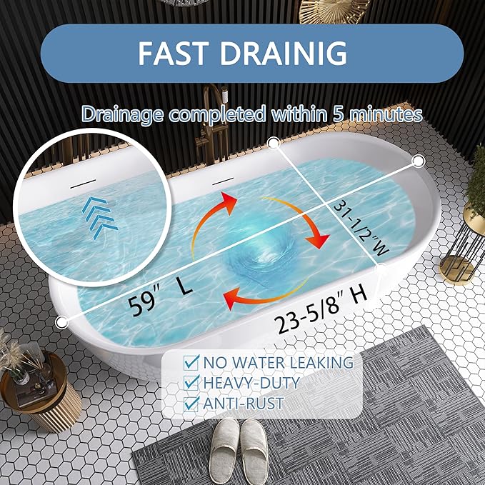 59" Free Standing Tub, Pure Acrylic Freestanding Bathtub, Stylish Stand Alone Contemporary Deep Soaking Bath Tub, cUPC Certified SY6850 (Glossy White)