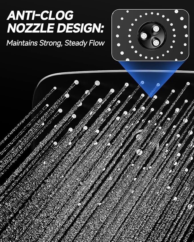 Veken 11.8" Black Rain Shower Head, Rectangular Rainfall Showerheads with 11" Stainless Steel Exension Arm, Height & Angle Decor Adjustable, High Pressure Shower Heads, Bathroom Accessories