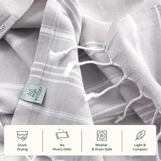 WETCAT Turkish Hand Towels with Hanging Loop, Set of 2 (20" x 30") 100% Turkish Cotton, Pre-Washed, Quick Drying, for Kitchen or Bathroom - Light Grey