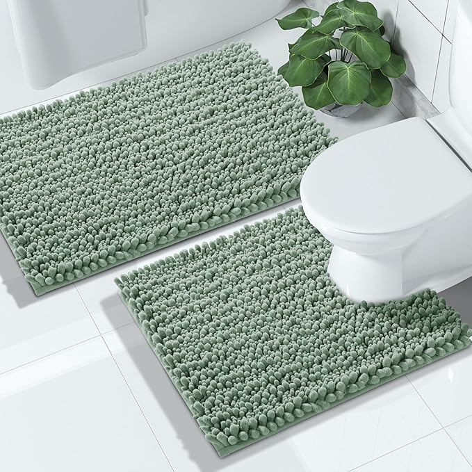 Yimobra Bathroom Rugs Sets 2 Piece - Quick Dry Extra Thick Luxury Chenille Bath Mat, Non Slip Super Absorbent for Tub Shower Sink, Machine Washable Shaggy Floor Mat, 24"x17+24"x20" Inch, Green