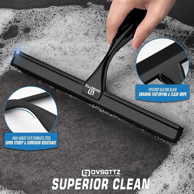Shower Squeegee for Glass Door with 3 Adhesive Hook, Household Window & Stainless Steel Glass Cleaning Squeegee for Bathroom, Mirrors, Tiles and Car, 10 Inches, Clear, Black