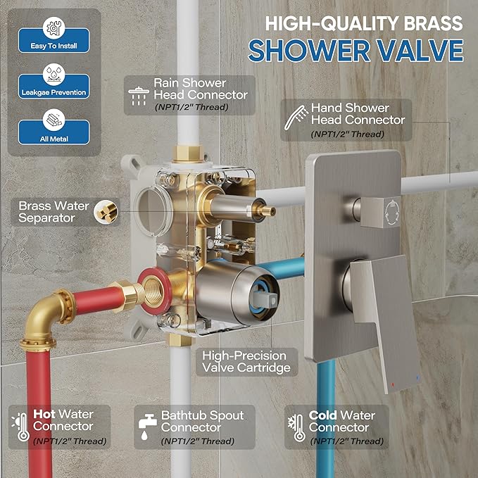 Tub Shower System, All Metal Tub Shower Faucet Set with 12" Rain Shower Head and Handheld Spray combo, Wall Mounted Shower Systems with Tub Spout, Valve and Trim Kit, Brushed Nickel