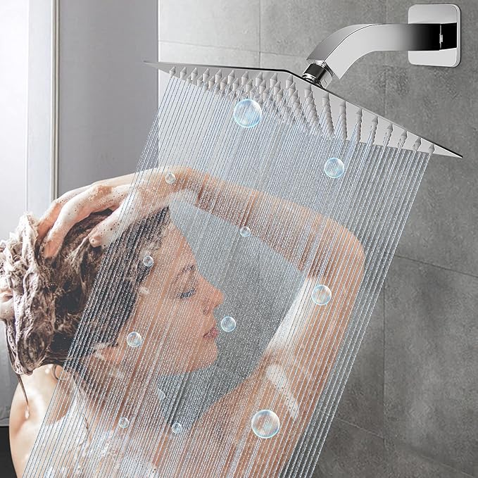 HarJue Shower Arm with Flange and Teflon Tape, Wall Mounted Square Shower Pipe 304 Stainless Steel Extension Arm for Fixed Shower Head & Handheld Shower (6 Inch, Chrome)