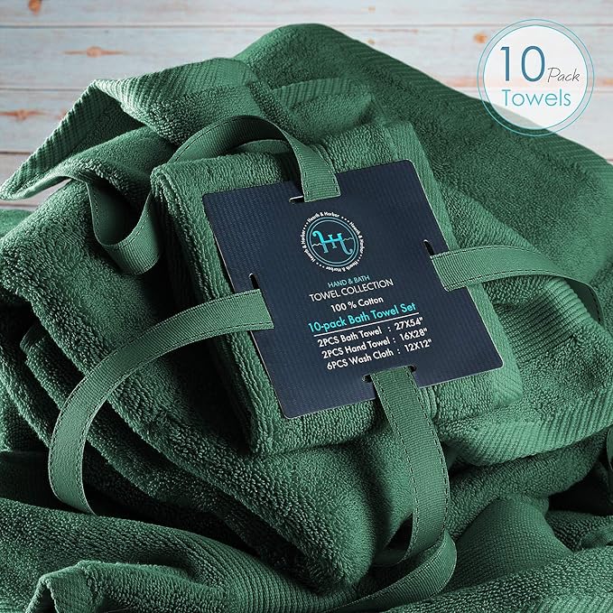 Hearth & Harbor Bath Towels for Bathroom - 100% Ring Spun Cotton Luxury Bathroom Towels - Ultra Soft & Highly Absorbent, Bath Towels Set of 10 - Hunter Green