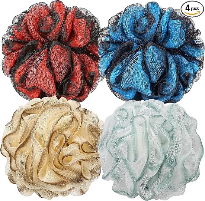 Bath Shower Loofah Sponge 60g Bath Mesh Pouf Shower Ball Body Scrubber Exfoliating Bath Sponge for Women and Men, Set of 4, Flower Red