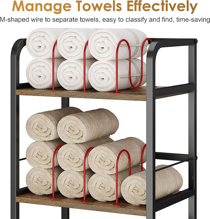 Towel Rack Free Standing Rolling 3-Tier with Removable Dividers & 2 Brake Wheels, Mobile Bathroom Storage Organizer with 3 Wood Shelves for Towels, Toiletries, Poolside Towel Holder