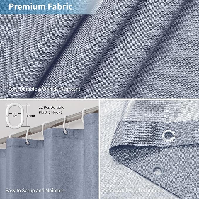 2-in-1 Waterproof Fabric Shower Curtain or Liner,Linen Textured,Breathable TPU & Washable Bathroom Shower Curtain Set with 12 Plastic Hooks,Modern,72"x72" Blue Gray
