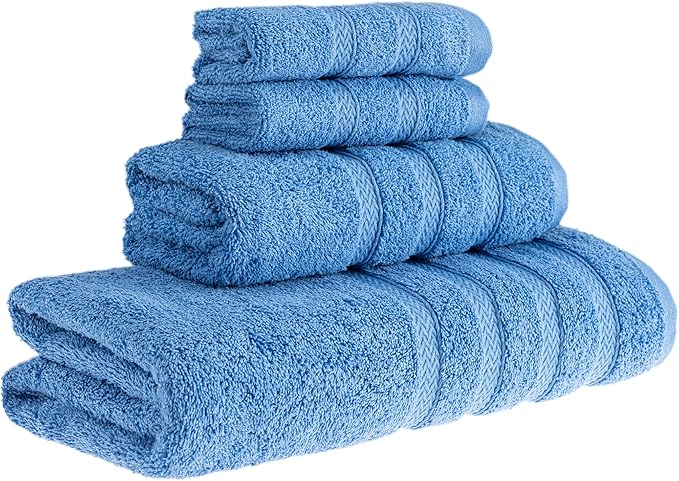 HALLEY Turkish Towels Set (4 Pieces) 650 GSM Highly Absorbent Super Soft 100% Cotton - 1 Bath Towel 1 Hand Towel 2 Washcloths (Blue)