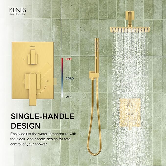 KENES Brushed Gold Rainfall Bathroom Shower System Rain Shower Head and Handle Set, Shower Faucet Set with 10-Inch Rain Showerhead and Handheld Spray, (Shower Valve Included), LJ-6026A-4