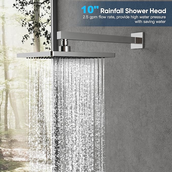 Gabrylly Shower System with Tub Spout, Wall Mounted Tub Shower Faucet Set for Bathroom with High Pressure 10" Rain Shower head and 3-Setting Handheld Shower Head Set, Chrome