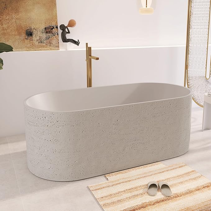 63" Premium Travertine Solid Surface Freestanding Bathtub, Unique Matte Textured Surface Stone Resin Soaking Tub with Pop-up Drain
