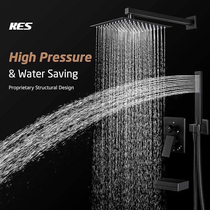 KES Shower System with Tub Spout, Matte Black Shower Faucet Set Complete 10 Inch Rain Shower Head with Handheld Spray and Waterfall Bathtub, cUPC Pressure Balance Shower Valve Trim Kit, XB6305F18-BK