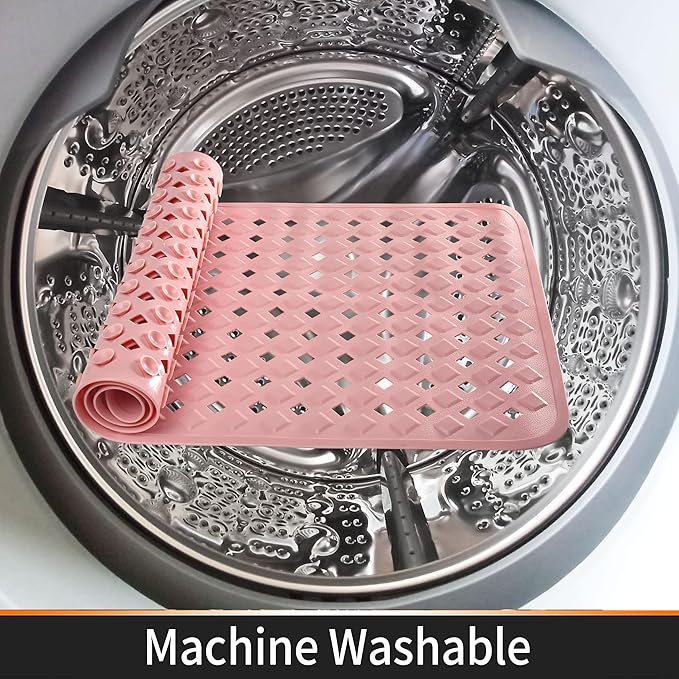 Yimobra Non Slip Bath Mat, Super Strong Suction Cups,34.5"x15.5"Long Tub Mat with Drain Holes, Machine Washable Fast Draining Shower Mats, Bathroom Essentials,Pink
