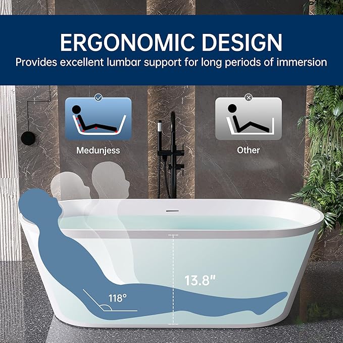 67'' Flatbottom Bathtub Solid Surface Freestanding Bathtub Matte Bathroom Soaking Bathtubs Resin Stone Oval Soak Tubs with Overflow and Pop-up Drain - White