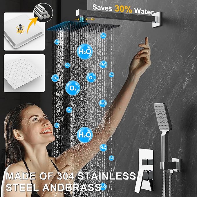 Rain Shower System 10IN Modern Brass Faucet Set With Valve and Diverter Shower Mixer With Handheld High Pressure Square Rainfall Shower Valve (10'' Wall Mount, Chrome Polished)