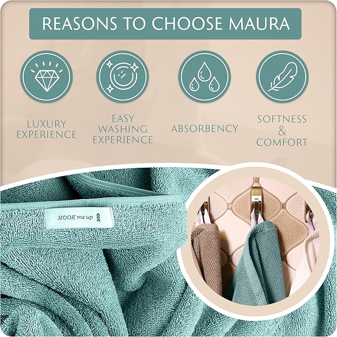 MAURA Basics Performance Bath Towels 100% Turkish Cotton with Hook Loops. Extra Large Luxury Absorbent Plush Towel Sets for Bathroom, Daily Use American Standard Size 27”x54”,Seafoam