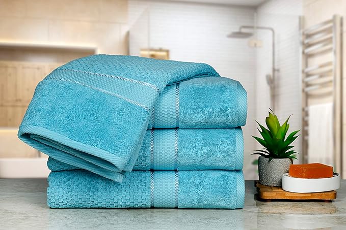 Ample Decor Sky Blue Bath Towels for Bathroom Set of 4 100% Cotton Popcorn Textured -Quick Dry, Highly Absorbent, Oeko-TEX Certified, Machine Washable - Mulaayam Collection - 30 X 54 Inch