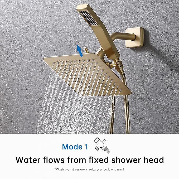G-Promise Solid Metal Shower Arm Diverter with Holder for Hand Held Showerhead and Fixed Spray Head, G 1/2 3-Way Bathroom Universal Diverter System Replacement Part (Brushed Gold)