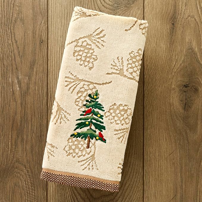 SKL Home Christmas/Winter Seasonal Fir 100% Cotton Embroidered 2pc Hand Towel Set, Decorative Jacquard for Bath/Kitchen/Bar, Wheat