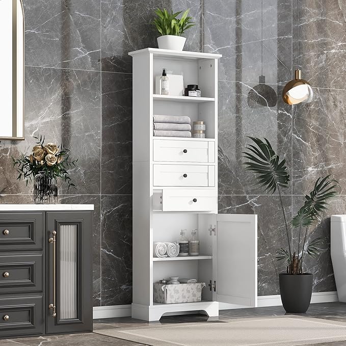 Harper & Bright Designs Storage Cabinet, 67.3 Inch Freestanding Tall Floor Bathroom Storage Cabinet with 3 Drawers, One Drawer, and Adjustable Shelves for Bathroom, Office, and Living Room (White)