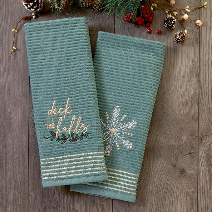 SKL Home Christmas/Winter Deck The Halls Hand Towel Set, Green (2-Pack)