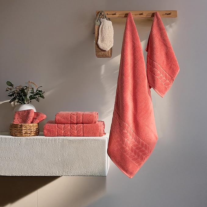 BAGNO MILANO Organic Turkish Cotton Bath Towels, Luxury Jacquard Collection, Certified Organic Highly Absorbent, Soft-Plush Towel Set (Coral Red, 6 Pcs Towel Set)