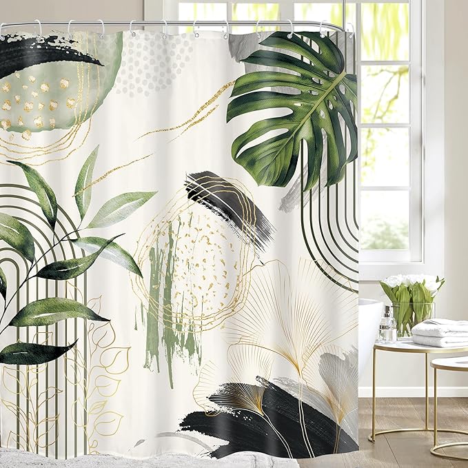 Grey Green Boho Shower Curtain 72Wx78H Long Tropical Palm Leaves Abstract Modern Bohemian Minimalist Gold Leaf Mid Century Bathroom Decor Botanical Bath Curtain Fabric Polyester 12 Pack Hooks