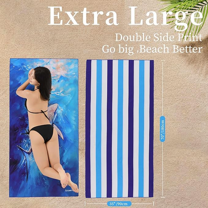 Microfiber Extra Large, Oversized Turtle Beach Towels (70''x35'') - 2 Pack XL Quick Dry Striped Towels for Adults ，Sand Free for Pool, Spa, Swim & Travel - Ultra Absorbent & Lightweight