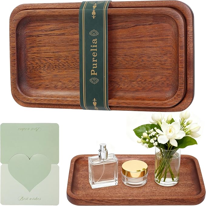 Solid African Ebony Wood Tray Set, 2-Pc Handmade, 9"x5.1" & 8.5"x4.5", for Bathroom Counter Organization, Vanity Tray, and Charcuterie Board, to Neatly Hold Candles, Perfume, and Jewelry