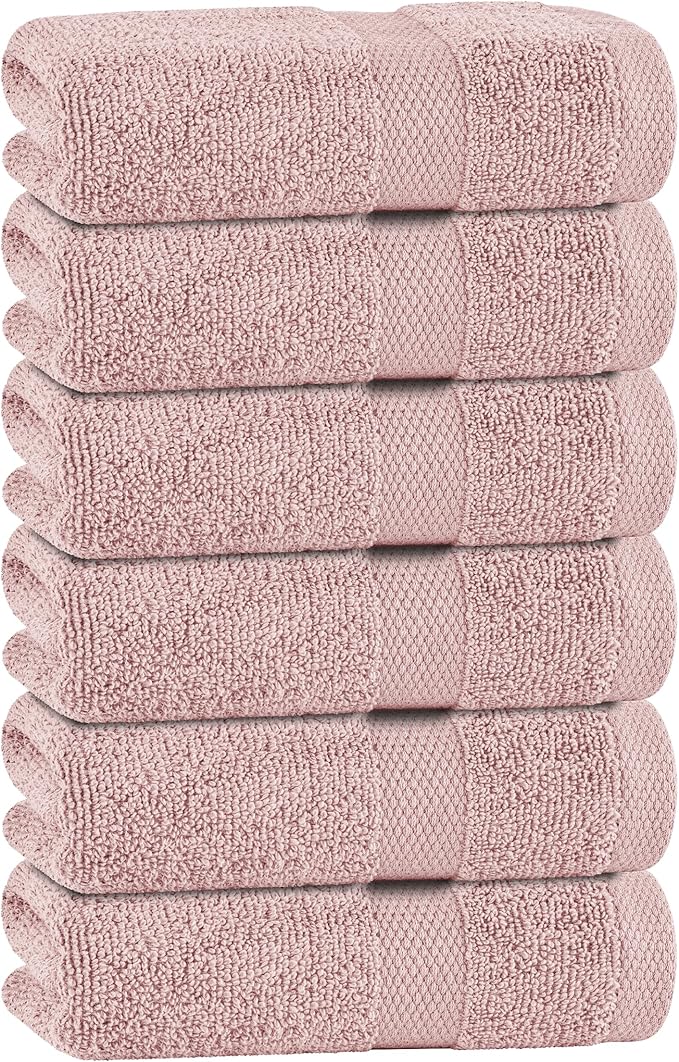 White Classic Pink Hand Towels for Bathroom [6 Pack] Cotton Hand Towel Bulk for Gym, Kitchen and Spa, 16x27 Inches Soft Highly Absorbent Quick Dry Terry Salon Towels