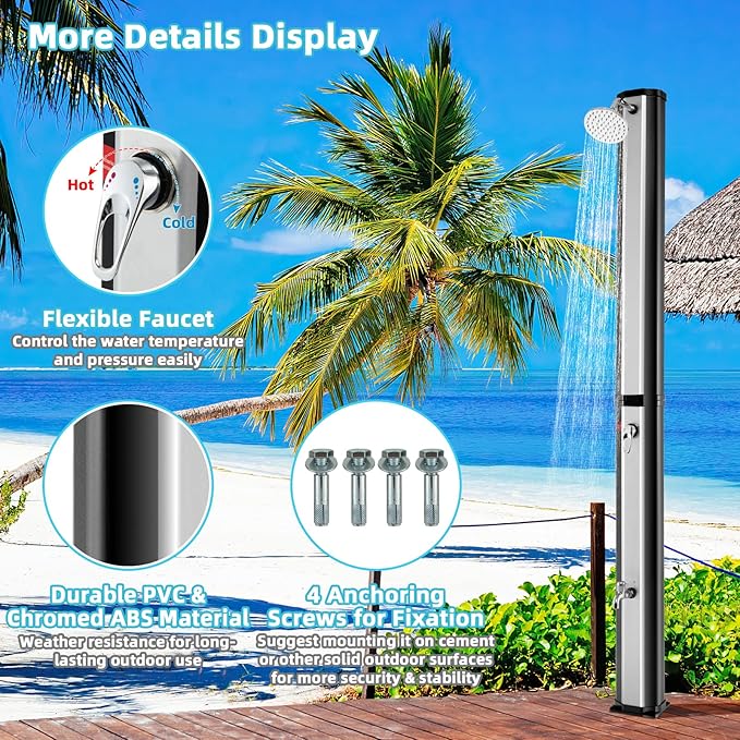 Giantex 7.2 FT 10 Gallon 2-Section Solar-Heated Outdoor Shower, Pool Shower W/Free-Rotating Shower Head, Foot Tap Spigot, Faucet, Temperature and Pressure Adjustment for Backyard, Garden, Beach Spa