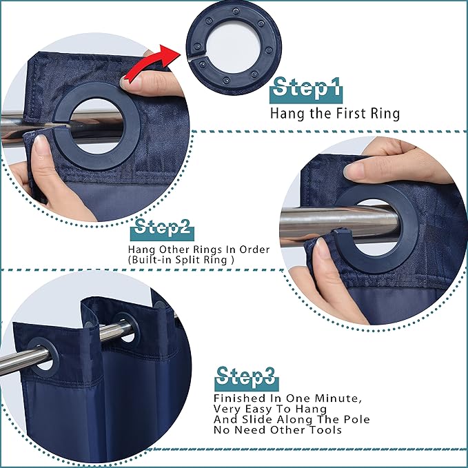 Conbo Mio No Hook Shower Curtain with Snap in Liner Set, Hotel Luxury Navy Blue Shower Curtains for Bathroom with See Through Top Window, Waterproof, Washable 71W x 74H