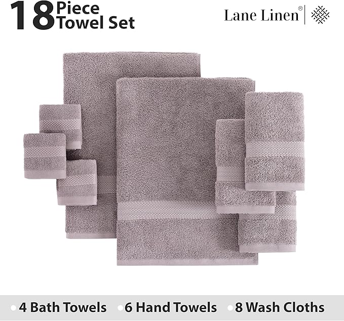LANE LINEN Ring Spun Cotton Bath Towel Set, 18PCs - 4 Shower Towels, 8 Washcloths, 6 Hand Towels for Bathroom - Machine Washable & Sustainably Produced, Ultra Soft - Platinum